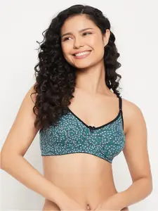 Clovia Teal & White Floral Printed Full Coverage Cotton Everyday Bra With All Day Comfort