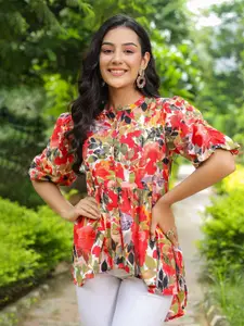 Rain & Rainbow Floral Printed Band Collar Cotton High-Low Top