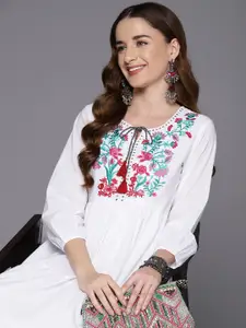 Indo Era Floral Embroidered Tie-Up Neck Puff Sleeves Tiered A-Line Midi Dress
