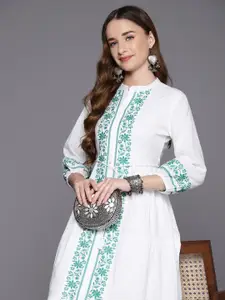 Indo Era Floral Embroidered Puff Sleeve Cotton A-Line Midi Dress