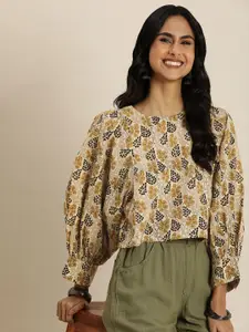 Taavi Floral Print Puff Sleeve Cotton Crop Top