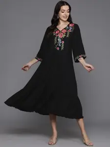 Indo Era Floral Embroidered Flared Sleeves A-Line Midi Dress