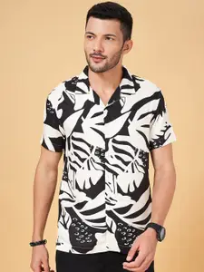 People Slim Fit Floral Printed Cuban Collar Casual Shirt