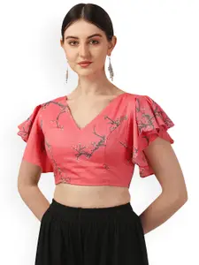 Oomph! Floral Printed V-Neck Flutter Sleeve Pure Cotton Saree Blouse