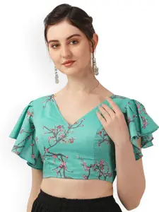 Oomph! Floral Printed Flared Sleeves Cotton Saree Blouse