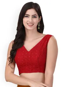 Oomph! Embroidered V-Neck Sequined Pure Cotton Saree Blouse