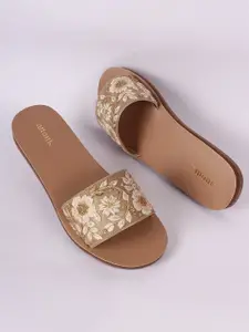 Anouk Gold Toned Floral Embroidered Open Toe Flats