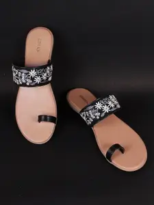Anouk Black & White Ethnic Embroidered One Toe Flats
