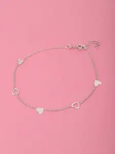 Carlton London Women Heart Shaped Rhodium-Plated 925 Sterling Silver Adjustable Anklet