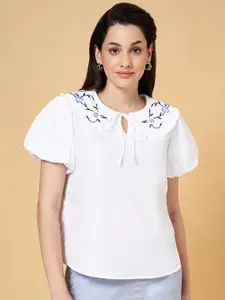 Honey by Pantaloons Tie-Up Neck Puff Sleeves Cotton Top