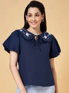 Honey by Pantaloons Floral Embroidered Tie-Up Neck Cotton Top