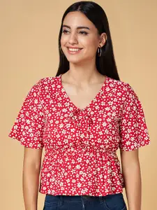 People Floral Printed Flared Sleeve Cinched Waist Top