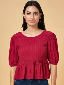 People Red Puff Sleeves Empire Top