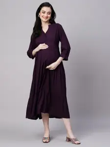 Aanyor Maternity Mandarin Collar Tiered Fit & Flare Cotton Midi Dress