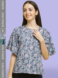 Poshyaa Pack Of 2 Floral Printed Round Neck Tops