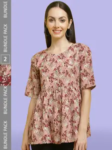 Poshyaa Pack Of 2 Floral Printed Pleated A-Line Tops