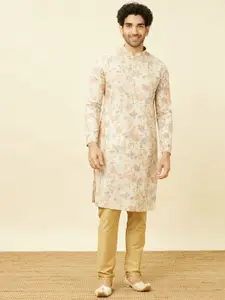 Manyavar Floral Printed Pure Linen Straight Kurta