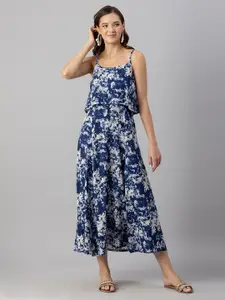 Moomaya Blue Floral Print A-Line Midi Dress