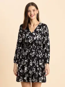 Moomaya Black Floral Print Fit & Flare Dress