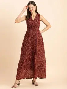 Moomaya Floral Printed V-Neck Georgette Wrap Dress