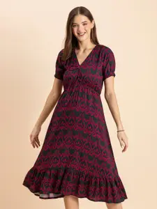 Moomaya Pink Floral Print Puff Sleeve Fit & Flare Midi Dress