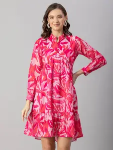Moomaya Floral Printed Mandarin Collar Cuffed Sleeve Gathered Georgette Empire Dress