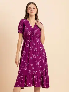 Moomaya Magenta Floral Print Midi Dress