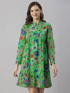 Moomaya Floral Printed Mandarin Collar Cuffed Sleeve Gathered Georgette Empire Dress