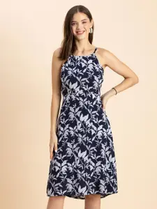 Moomaya Navy Blue Floral Print A-Line Dress