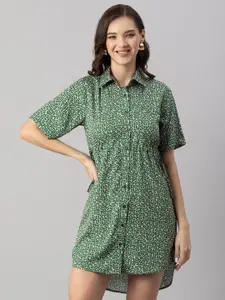 Moomaya Floral Printed Shirt Collar Gathered Shirt Dress