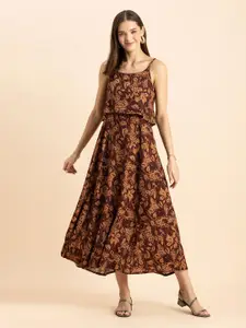 Moomaya Brown Floral Print A-Line Maxi Dress