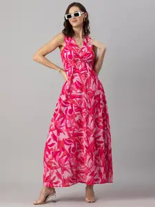 Moomaya Floral Printed V-Neck Georgette Wrap Dress