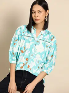 all about you Floral Print Mandarin Collar Puff Sleeve Cotton Top
