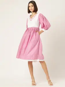 MISRI Floral Embroidered Puff Sleeve Cotton A-Line Dress