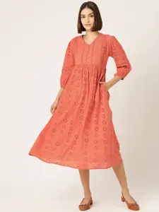 MISRI Orange Puff Sleeve A-Line Cotton Midi Dress