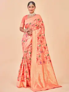 Anouk Peach-Coloured & Green Ethnic Motif Woven Design Zari Pure Cotton Chanderi Saree
