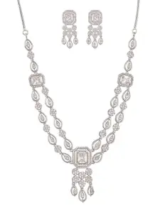 RATNAVALI JEWELS Sliver-Plated American Diamond Necklace And Earrings