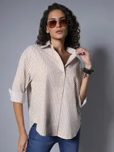 High Star Classic Boxy Vertical Striped Spread Collar Long Sleeve Cotton Casual Shirt