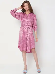 Vero Moda Printed Cuffed Sleeves Shirt Dress With Belt