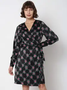 Vero Moda Printed V-Neck Cuffed Sleeves Wrap Dress