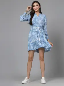 Stylum Blue Floral Printed Mandarin Collar Cuffed Sleeve Gathered Tiered Fit & Flare Dress