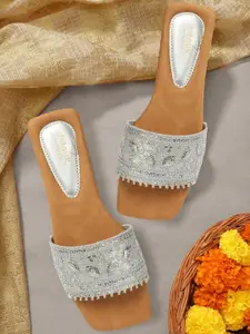 Anouk Grey Ethnic Embellished Open Toe Flats