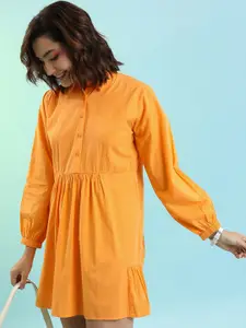 Tokyo Talkies Orange Shirt Collar Cuffed Sleeve Gathered Pure Cotton Shirt Dress