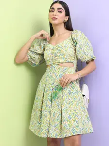 Tokyo Talkies Off White Abstract Printed Puff Sleeves Cut-Out Detailed Fit & Flare Dress