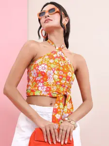 Tokyo Talkies Floral Print Halter Neck Crop Top