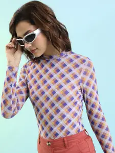 Tokyo Talkies Blue Checked High Neck Top