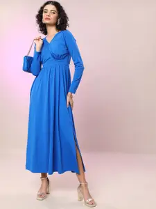 Tokyo Talkies Blue V-Neck Gathered Detailed Fit & Flare Midi Dress