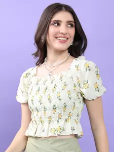 Tokyo Talkies Floral Print Puff Sleeve Cinched Waist Crop Top