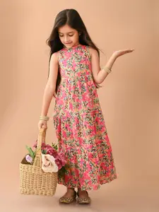 LilPicks Girls Floral Printed Sleeveless Tiered Cotton  Maxi Dress