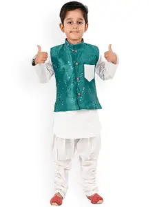 BAESD Boys Mandarin Collar Regular Sequinned Pure Cotton Kurta With Pyjamas & Nehru jacket